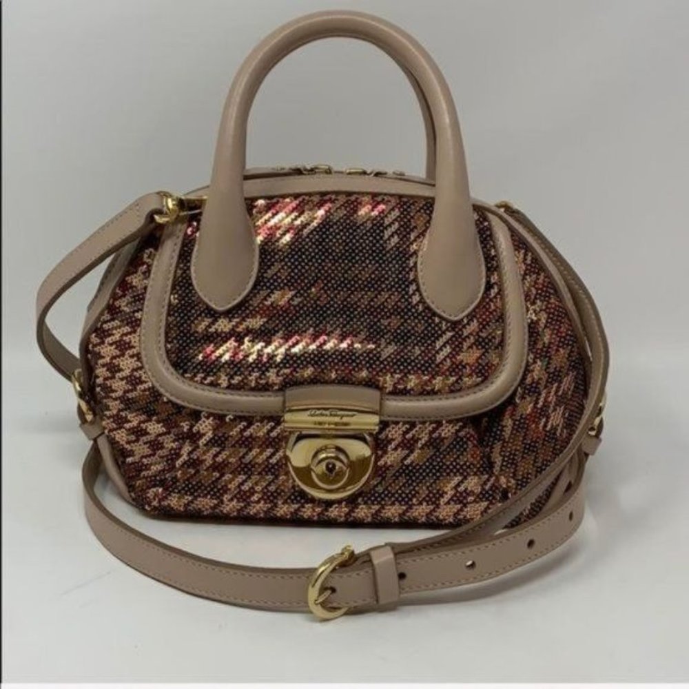 Salvatore Ferragamo Small Crossbody Fiamma Houndstooth Sequin Mini Satchel Italy